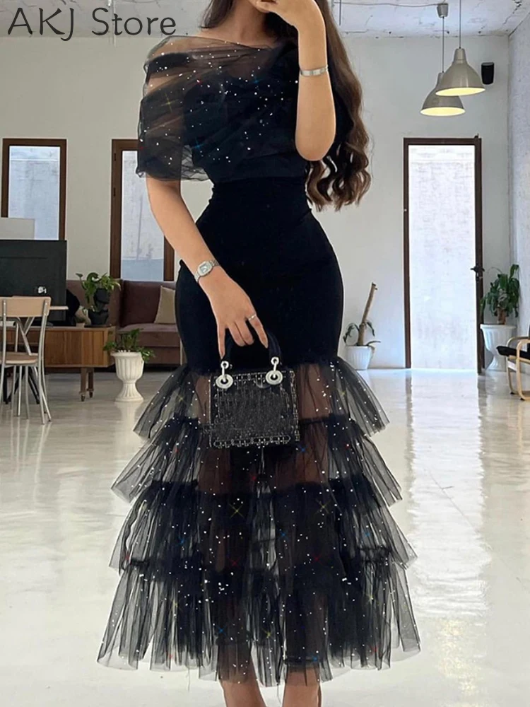 

Women Off the Shoulder Glitter Layered Sheer Mesh Party Dress