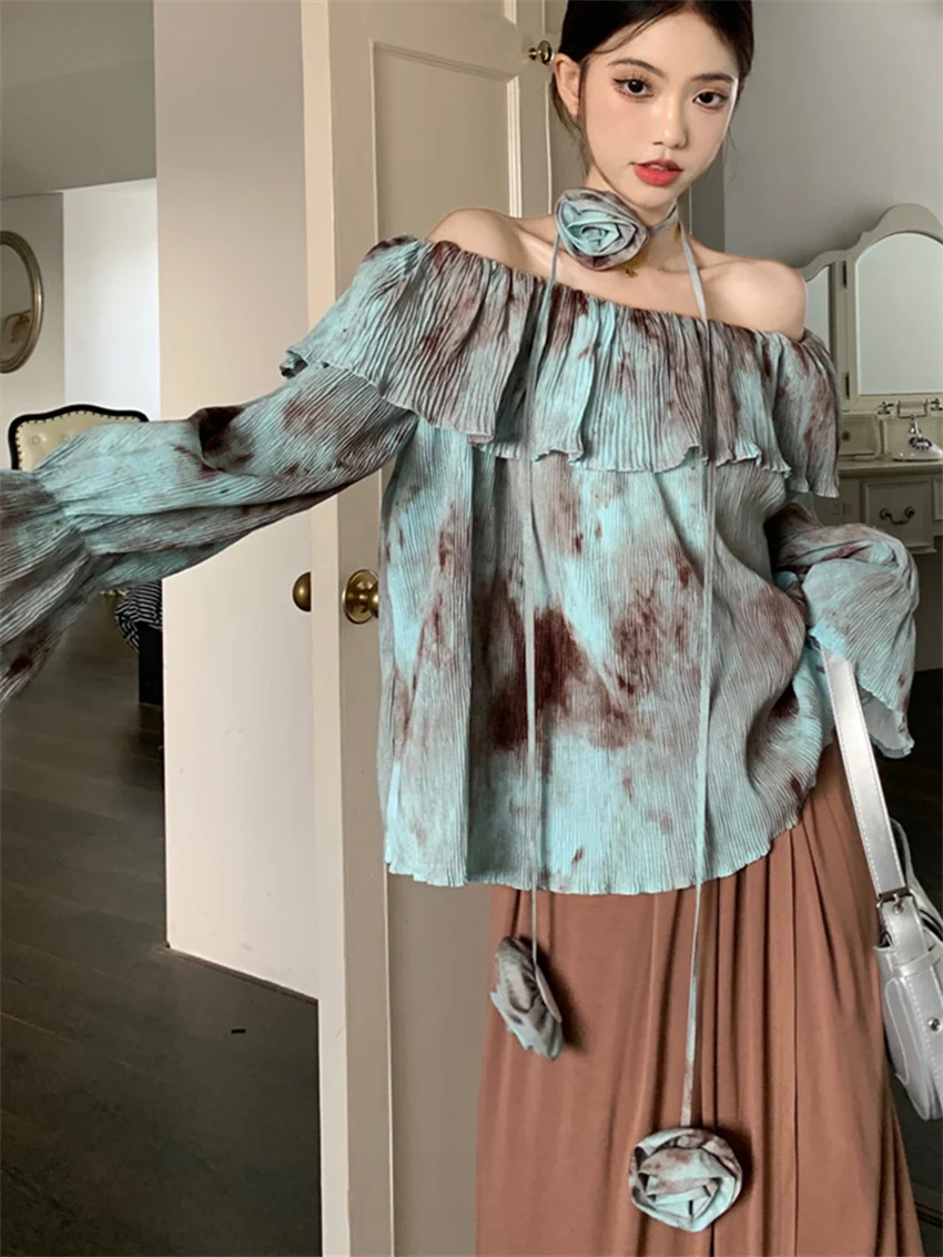 Блузка женская в стиле ретро с оборками длинным рукавом и воротником-лодочкой