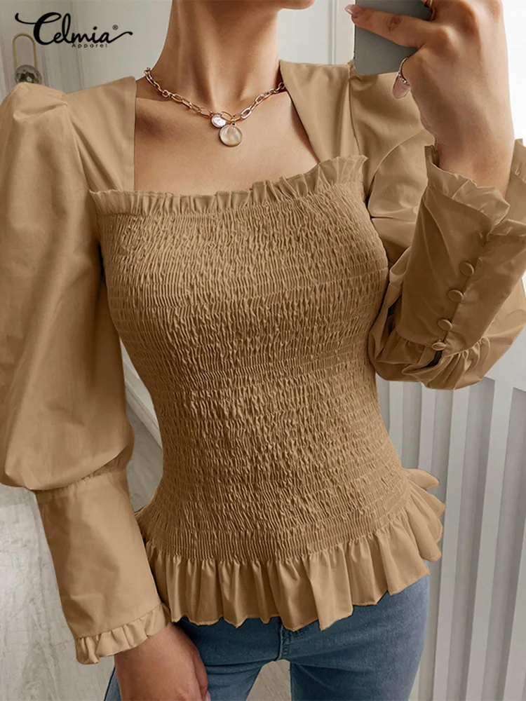 

Celmia Vintage Pleated Long Puff Sleeve Tunic Tops Women Elegant Solid Color Blusas Fashion Square Collar Ruffled Hem Blouses