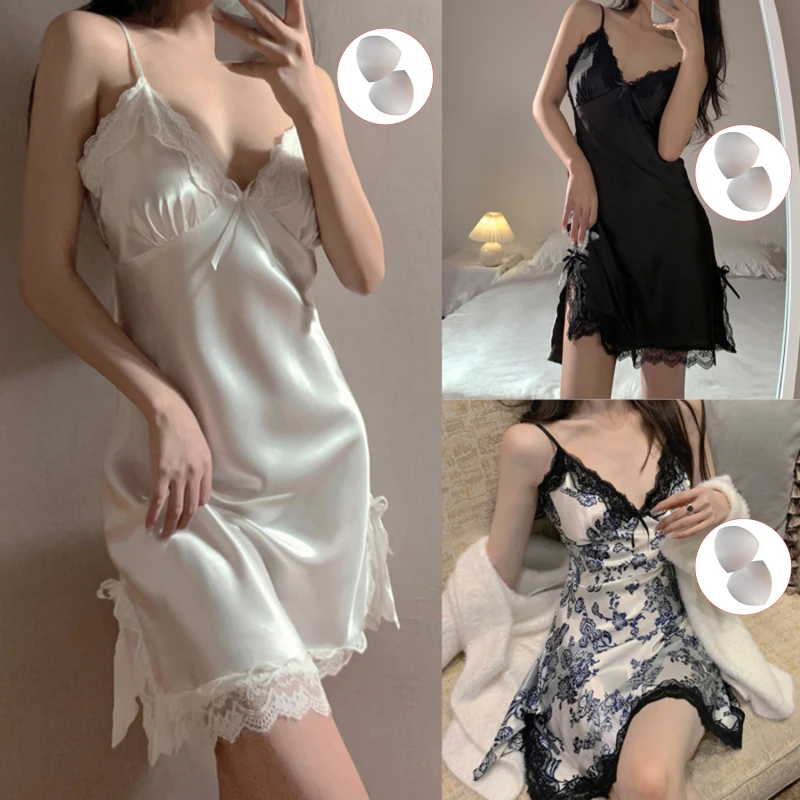 

Padded Vintage Nightgowns Sexy Lace Silk Underwear Night Dress Women Sleepwear Lingerie Chest Suspenders Nightdress Dropshipping