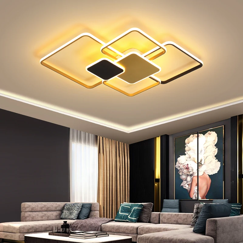 Квадратный светодиодный потолочный светильник для гостиной, кровати, светодиодный потолочный светильник techo, черный/белый/золотой совреме...