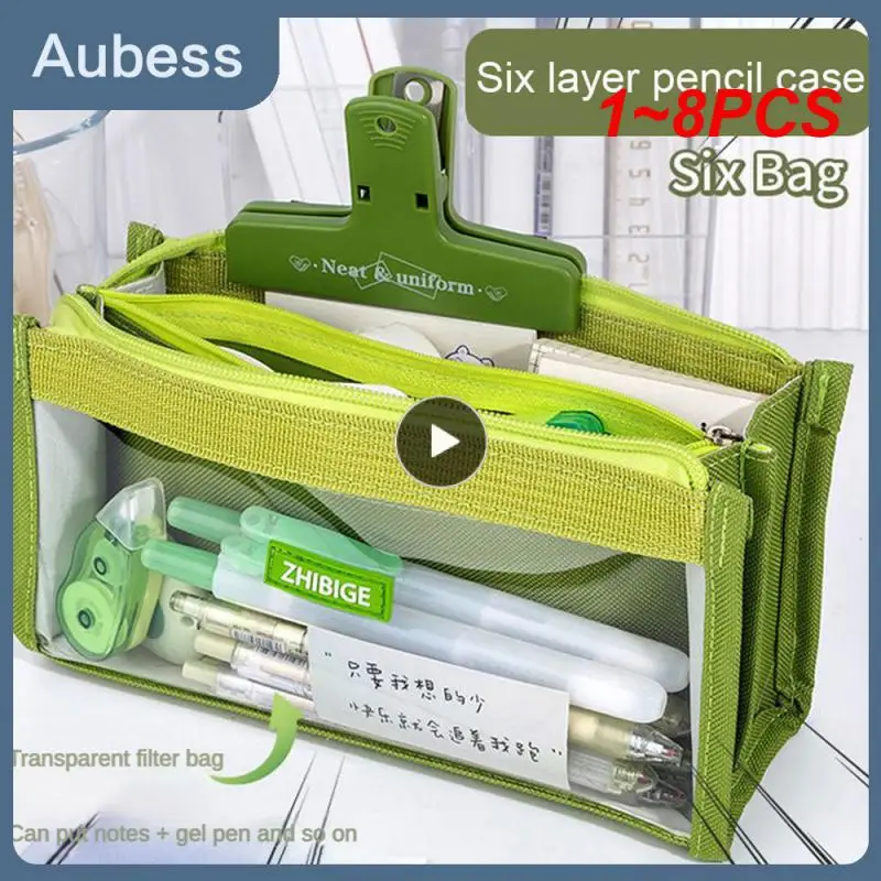 

1~8PCS Six Layers Large Capacity Pencil Bag Stationery Supplies Aesthetic Transparent Pen Case Girl Zipper Pencil Pouch School