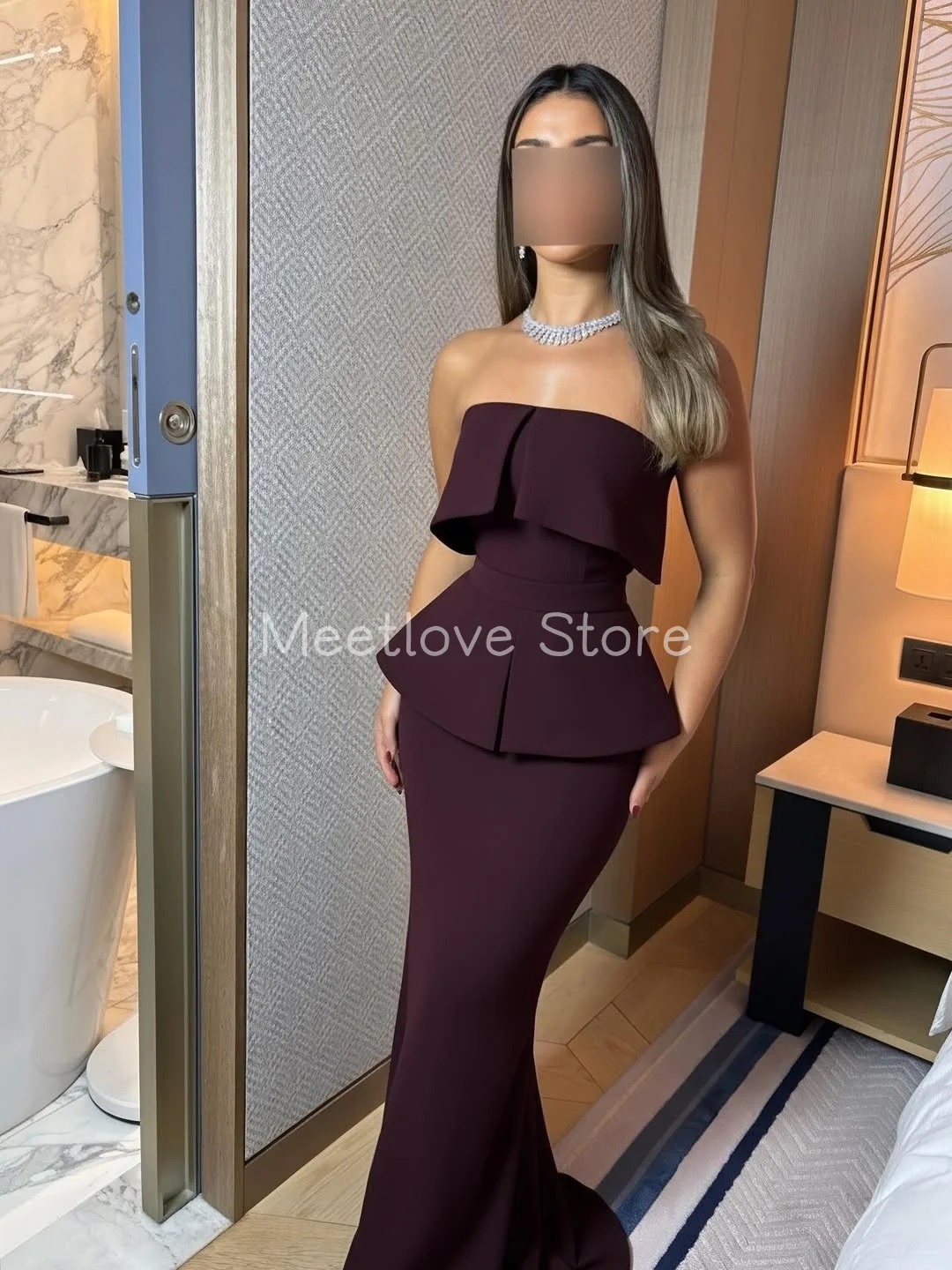 Фото Meetlove без бретелек-футляр красный без рукавов длиной до пола для женщин вечерние платья простые индивидуальные элегантные для женщин 2025 №3