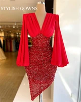luxury red v neck short prom dresses 2022 sequined mini cocktail lantern sleeve party graduation dress black girls homecoming