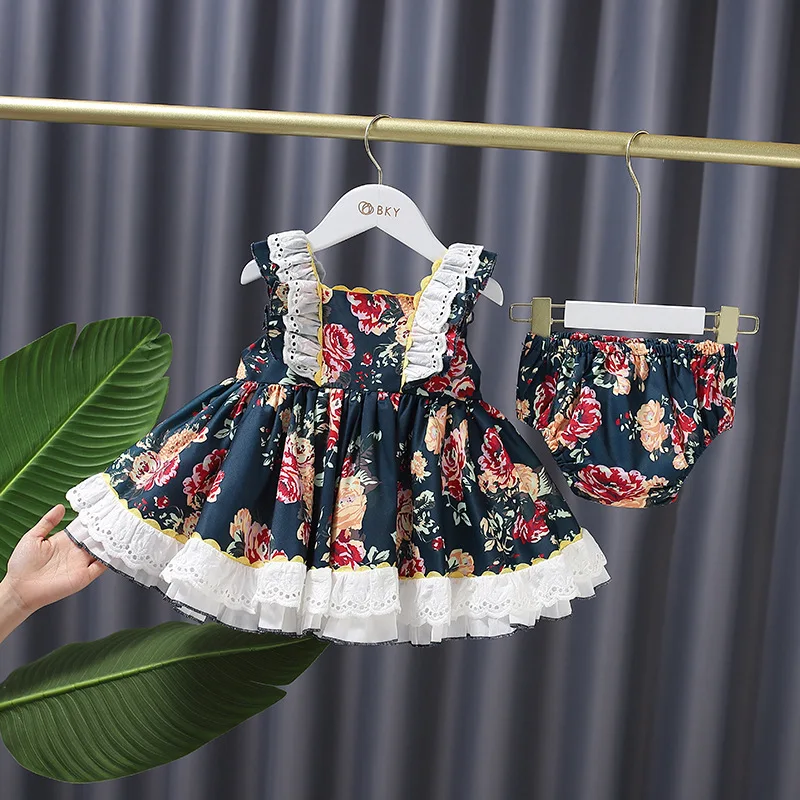 

2pcs Lolita Dress Girls Princess Ball Gown Spanish Baby Sleeveless Dress Floral Print Girl Birthday Baptism Party Dresses 2022