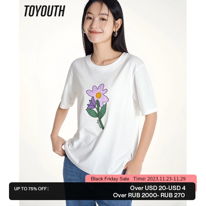 

Toyouth Women T-shirt 2023 Summer Short Sleeve Round Neck Loose Tees Floral Print Embroidery Pure Cotton Comfort Casual Tops