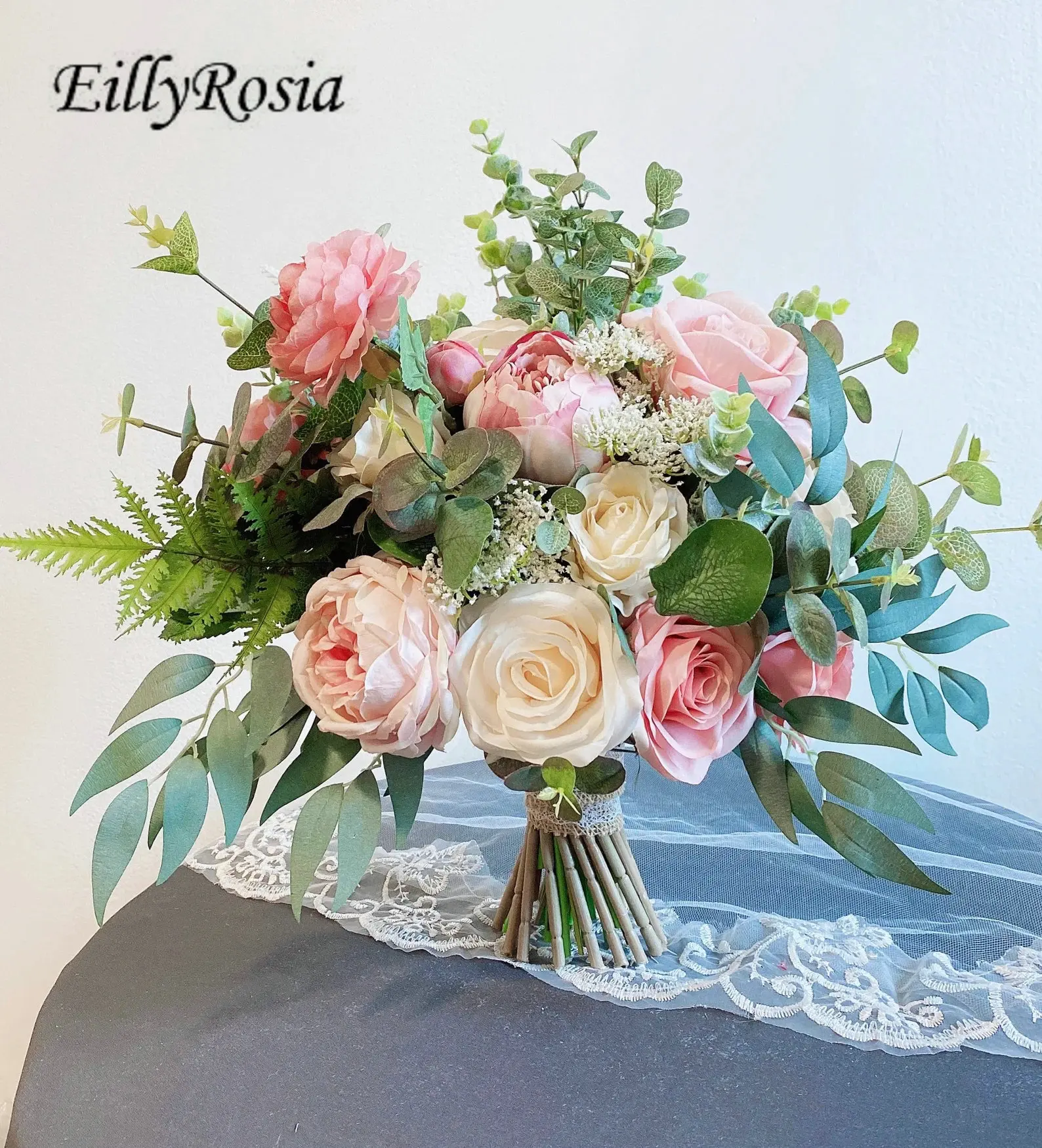 

EillyRosia белый розовый тропический Свадебный букет синяя Гортензия зеленый эвкалипт пляжные свадебные цветы для невесты Искусственные