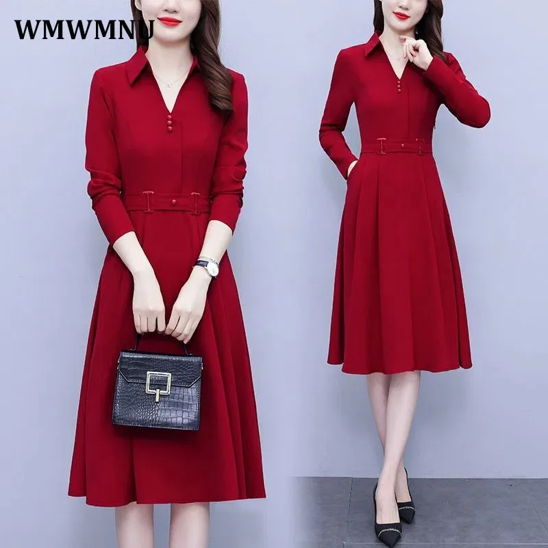 

Office Lady Elegant Long Sleeve Shirt Dress Women Korean Style Knee-Length Pleated A-Line Dresses Spring V Neck Casual Vestidos