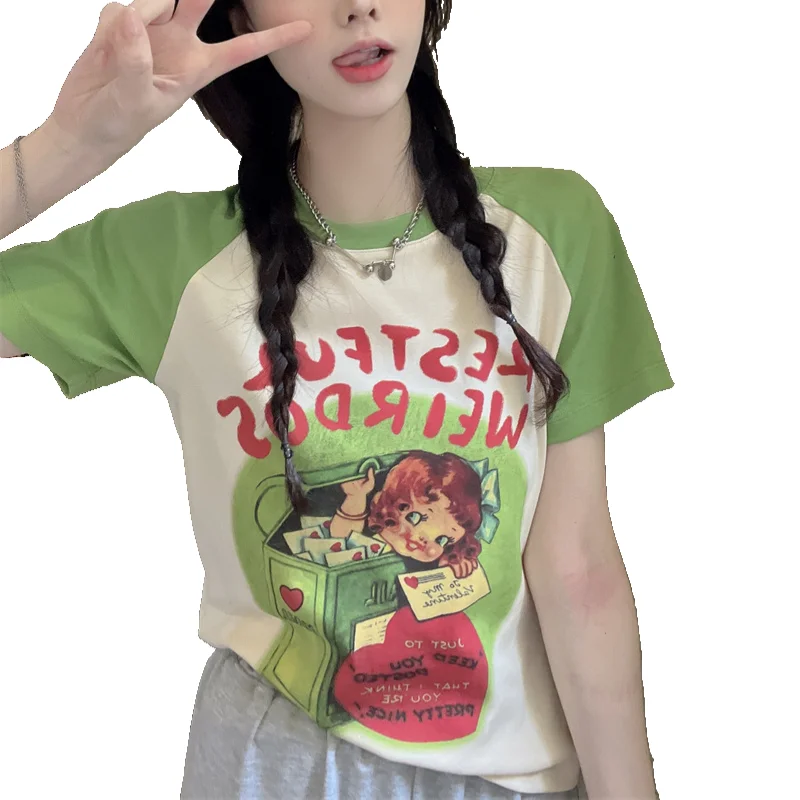 

Женский топ с коротким рукавом и круглым вырезом, в стиле Харадзюку