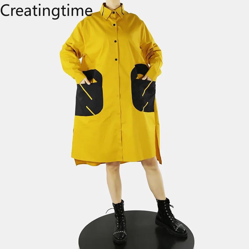 

Creatingtime 2022 Spring New Fashion High Street Lapel Color Matching Large Pocket Long Sleeve High Waist Shirt Dress GA154