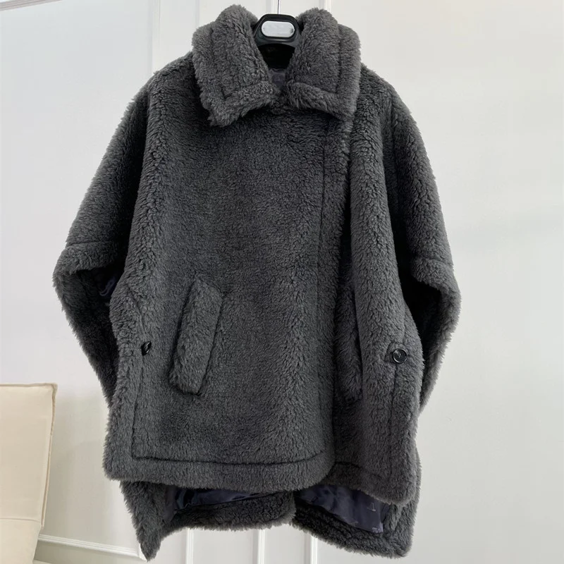 Real Fur Short Cloak Coat Lady 100% Wool Content Woven Fabric Thick Warm Teddy Overcoat Loose Cozy Outerwear Streetwear Oversize