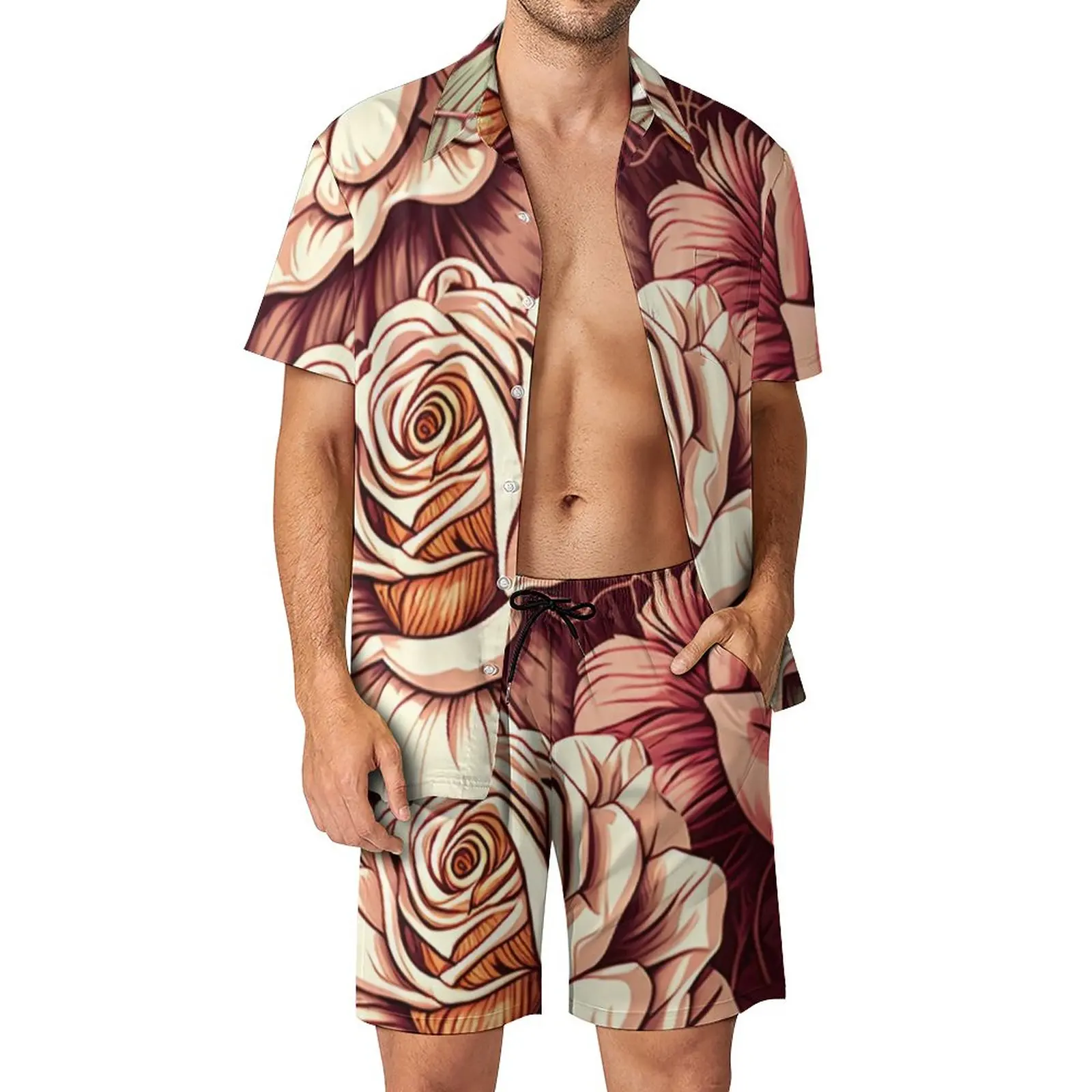 

Pink Floral Print Men Sets Gta Rosses Casual Shirt Set Aesthetic Vacation Shorts Summer Custom Suit 2 Piece Clothing Plus Size
