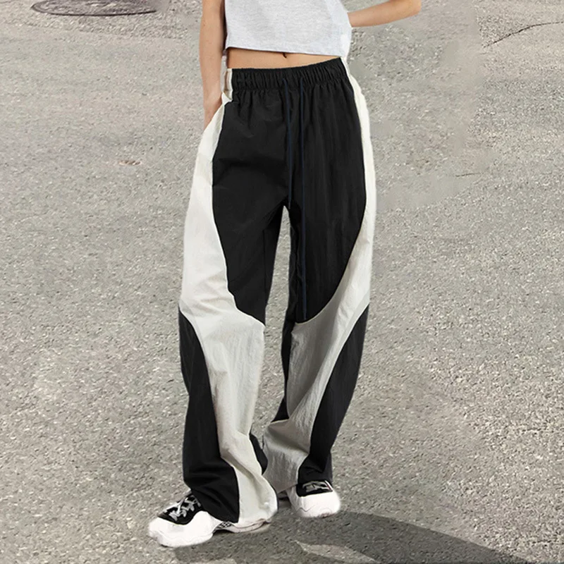 Street-style Sporty Relaxed Black-white Color-blocked Woven Wide Legs Pants Summer with An Elastic Waistband Straight Trousers
