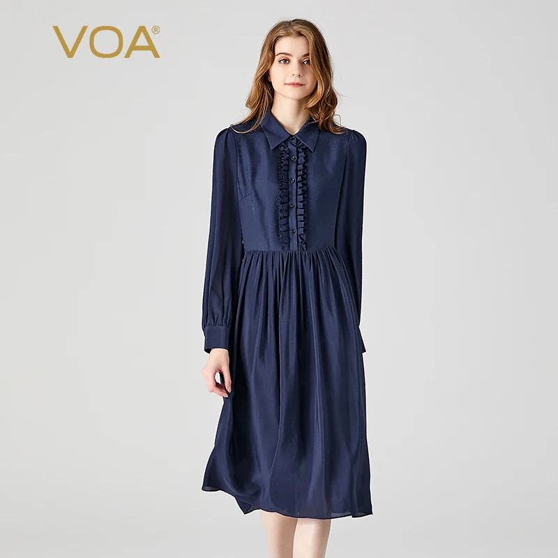 

(Fans Exclusive Discount) VOA Silk Jacquard Navy Blue Polo Collar Shirt Long Sleeve Single Breasted Office Ladies Dress AE1953