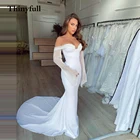 Женское атласное свадебное платье-русалка, с V-образным вырезом и длинными рукавами-фонариками