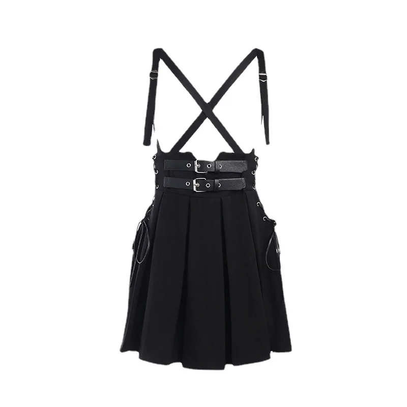 

Two Shoulder Straps Skirt Black High Waist Pleated Mini Skirts Lolita Gothic Punk Korean Streetwear y2k Corset Skirt