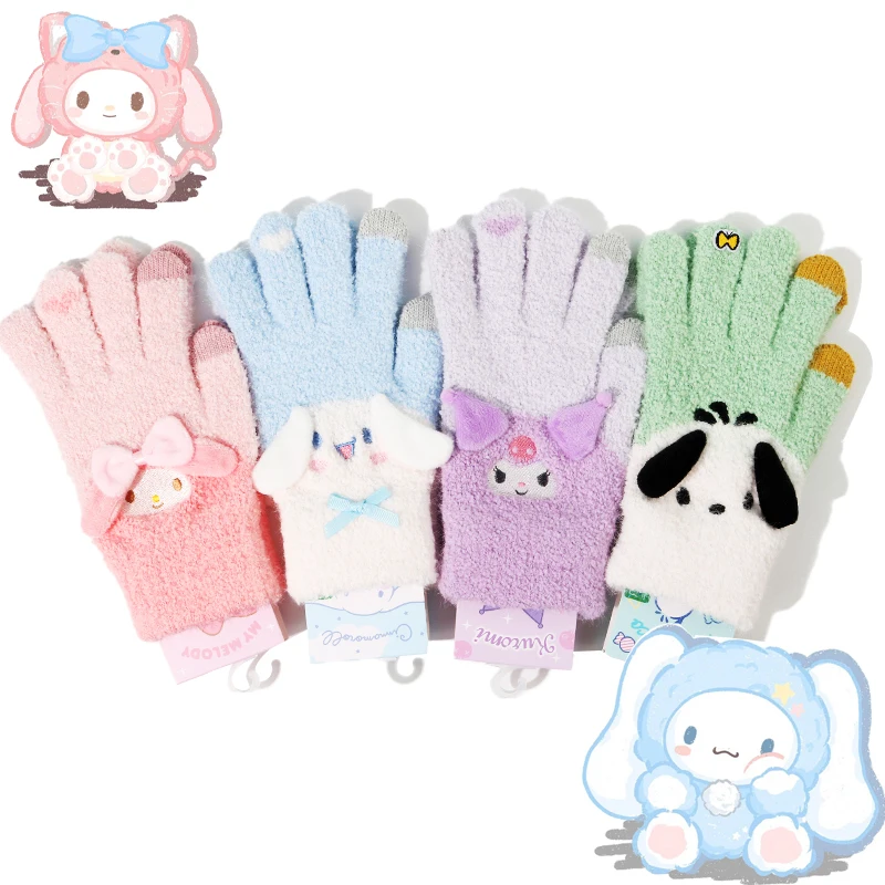 

Новинка, осенне-зимние женские перчатки Sanrioed Kuromi понравило Cinnamoroll My Melody, теплые перчатки с разрезом на пальцах, перчатки для девушек с защито...