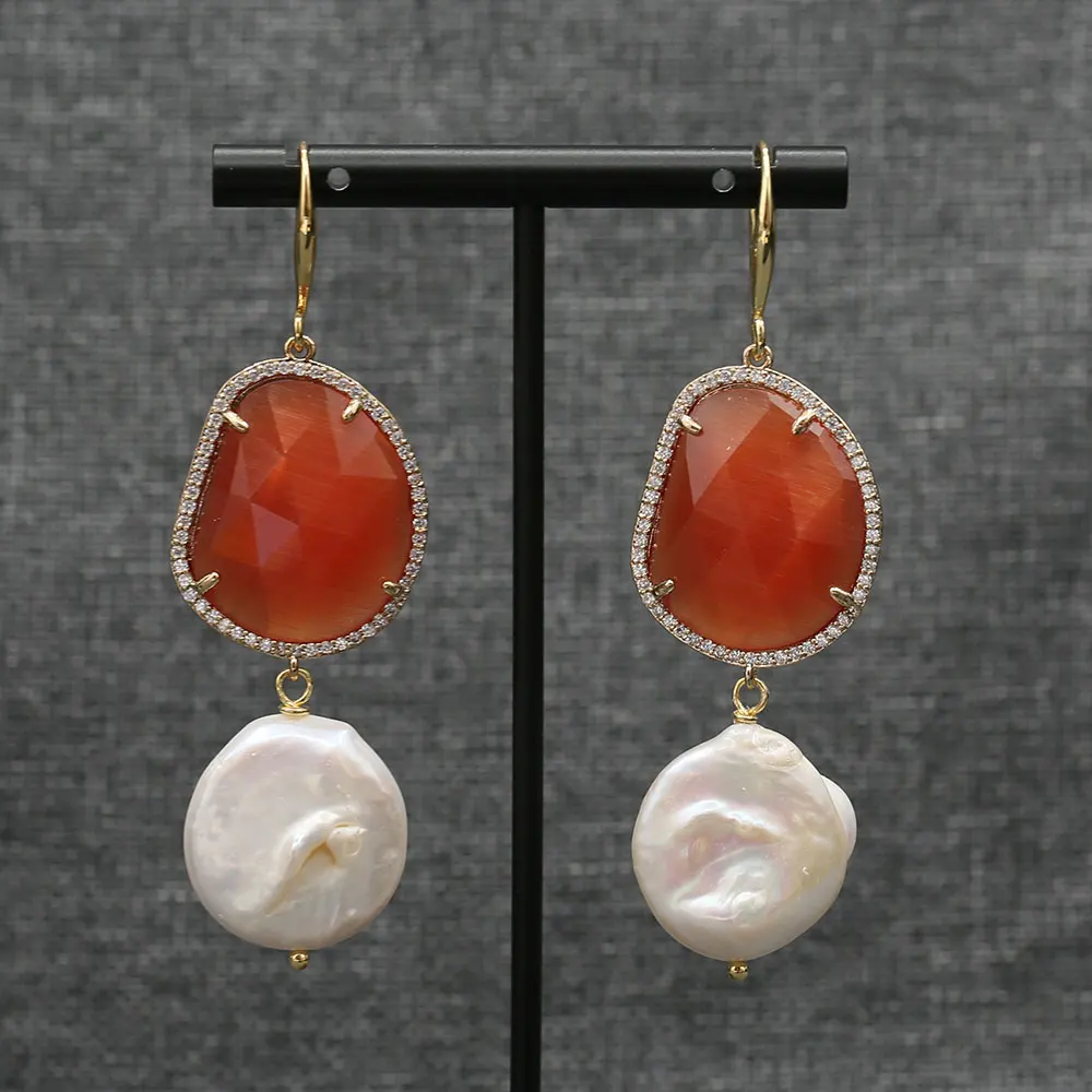 Серьги-подвески кошачий глаз с натуральным оранжевым фианитом