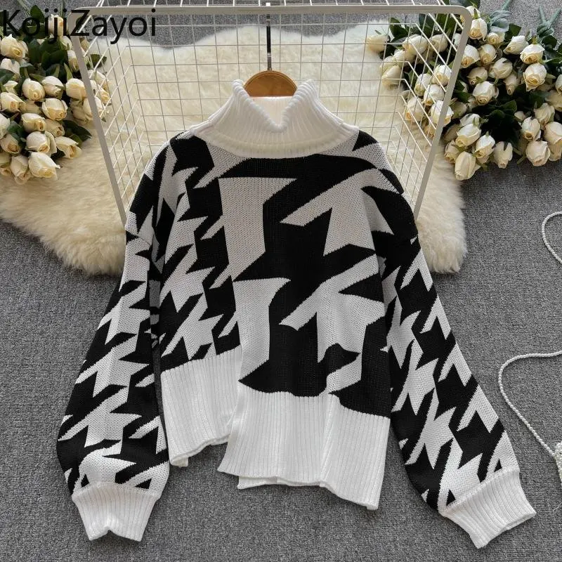 

Koijizayoi Vintage Women Casual Loose Sweater Plaid Irregular Retro Turtleneck Jumpers Thick Warm Pullover Knitted Tops Sweaters