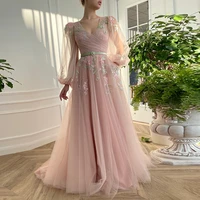 candy color tulle with shine evening dresses puff sleeves floor length birthday party gown for girl slit sweep train a line 2022