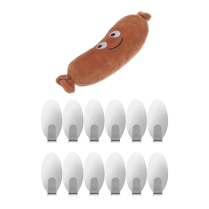 

12Pcs Stainless Steel Adhesive Kitchen Bathroom Wall Door Hook & 1 Pcs Stuffed Plush Sausage Toys 20Cm