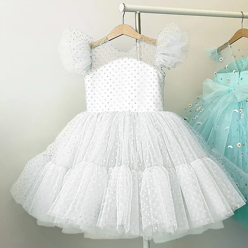 

White Elegant Evening Dresses for Girls Tutu Polka Dotted Flower Children Dresses Wedding Party Fromal Gown Kids Princess Dress