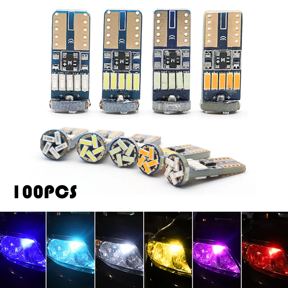 

100PCS T10 W5W 194 168 4014 15SMD Car Led Bulb Canbus High Bright Auto Dome Light 6000K White Green Crystal Blue Red Amber 12V