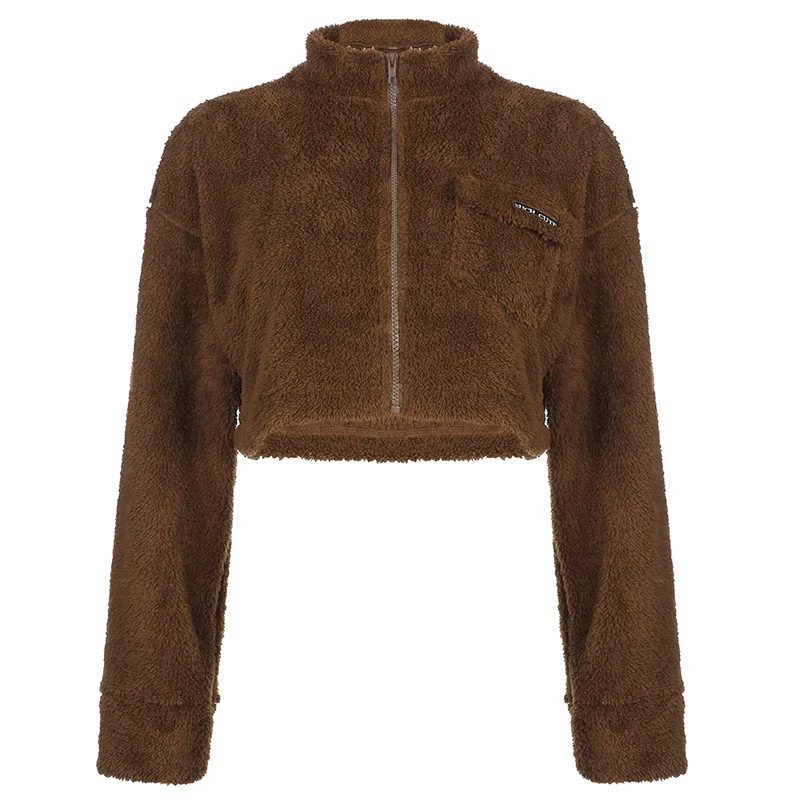 Fuzzy Fur Jacket Fleece Teddy Coat Female Autumn Winter Coat Crop Tops Korean Long Sleeve Warm Brown Tweed  Zipper Jakcets Y2k