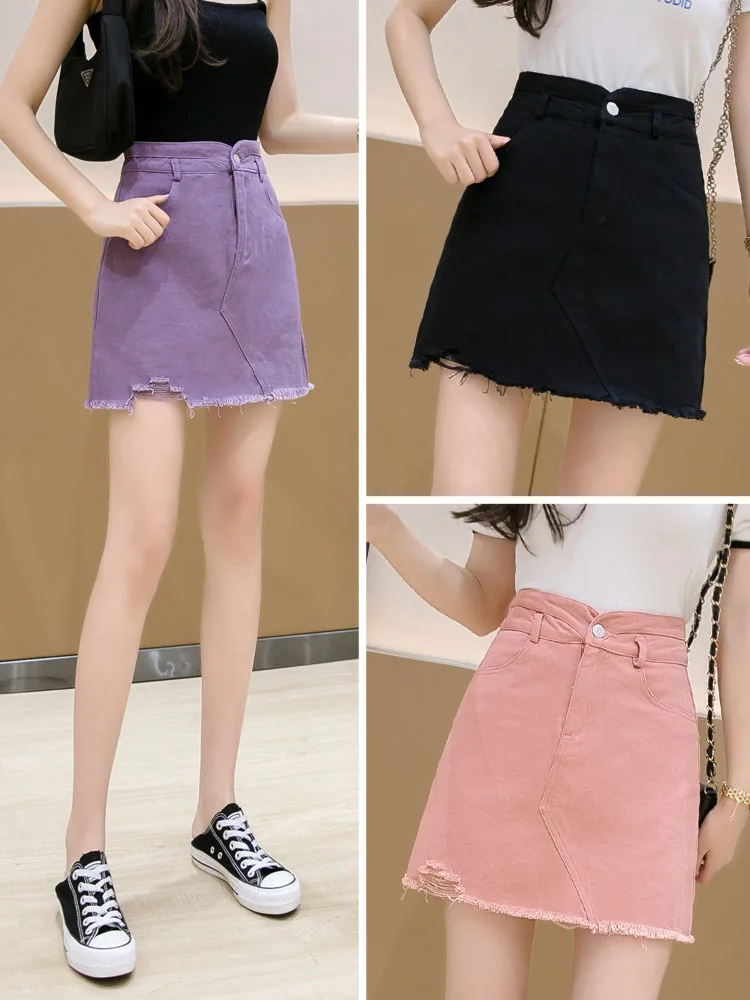 

Purple Denim Skirt Women's 2022 New Summer High Waist Joker A Word Hole One-step Hip Skirt