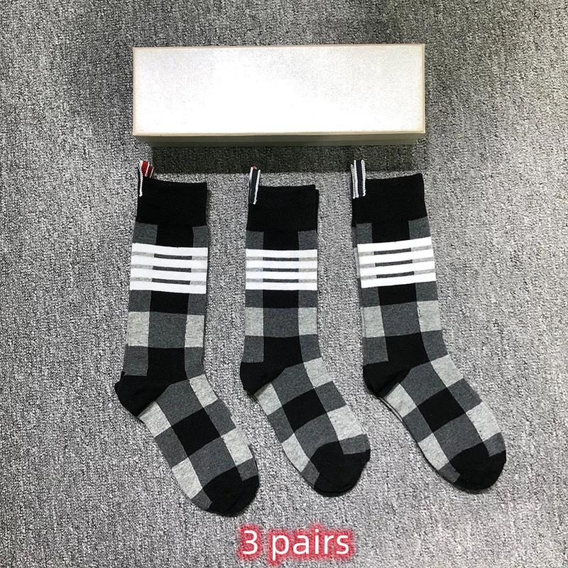 

THOM TB Men's Socks Luxury Brand 4-Bar Stripes Grid Socks Women's Cotton Street Fashion Wholesale TB Stockings Ins 3 Pairs