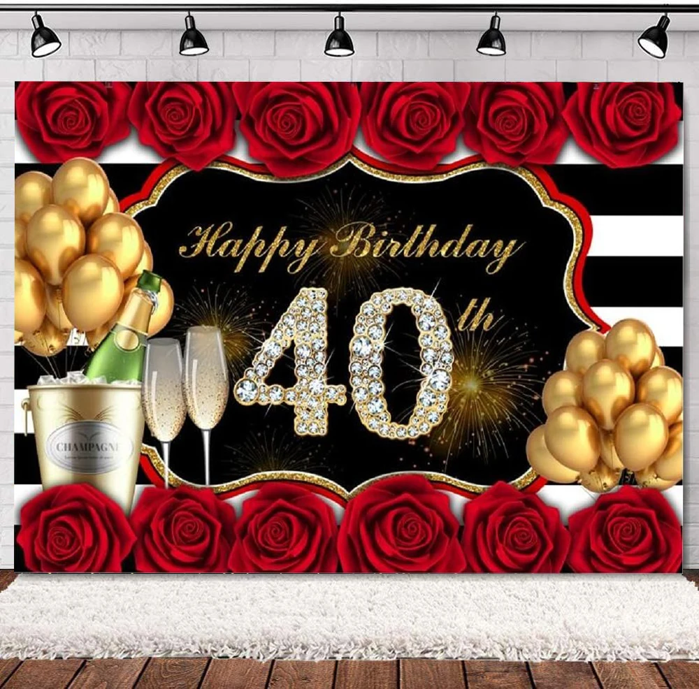 

Праздничный фон для фотосъемки 40-го дня рождения, баннер, черно-белый полосатый чемпион, красные розы, фон, цветочные украшения, плакат