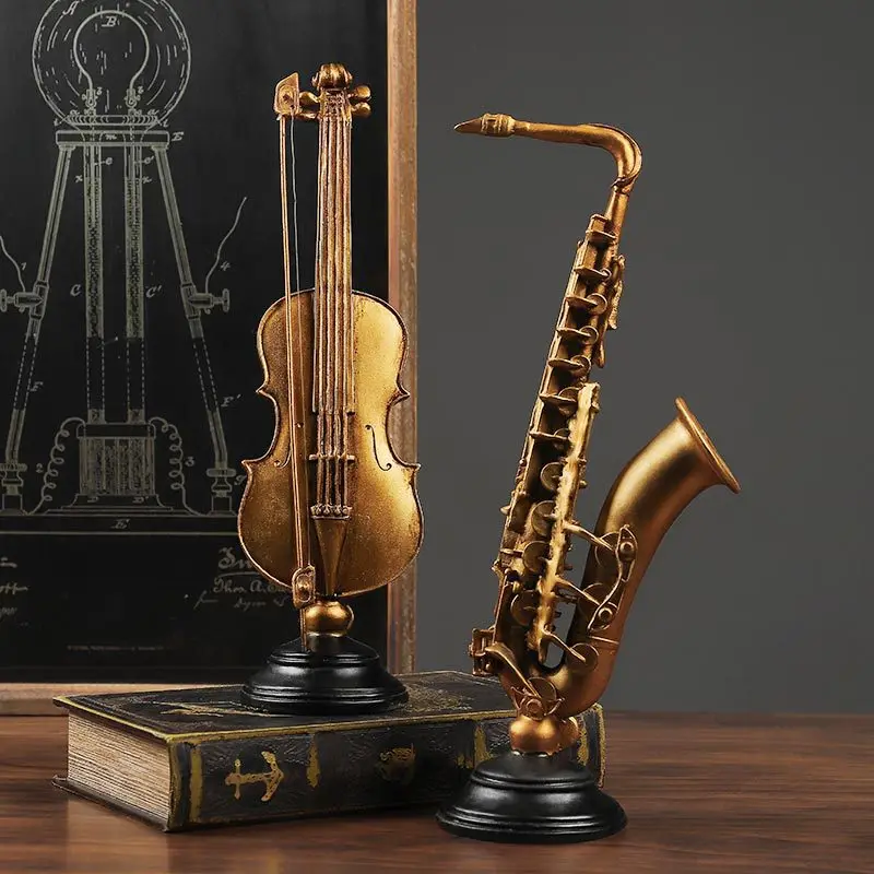 Vintage Violin Saxophone Model Ornaments Musical Instrument Statue Home Decor Living Room Sculpture Art Craft Gift Resin Charms