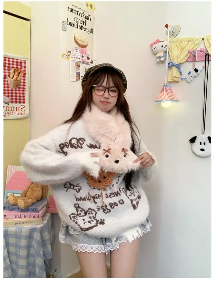 Розовые пуловеры с плюшевым мишкой жаккардовый вязаный свитер корейская зимняя