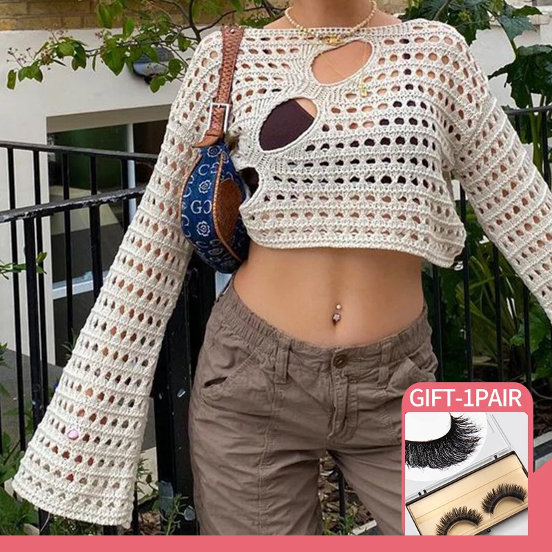 

Y2K Hollow Out Cropped Knit Smock Top Vintage Loose Summer Crochet Pullovers Casual Crew Neck Short Long Sleeve Chic Pullovers