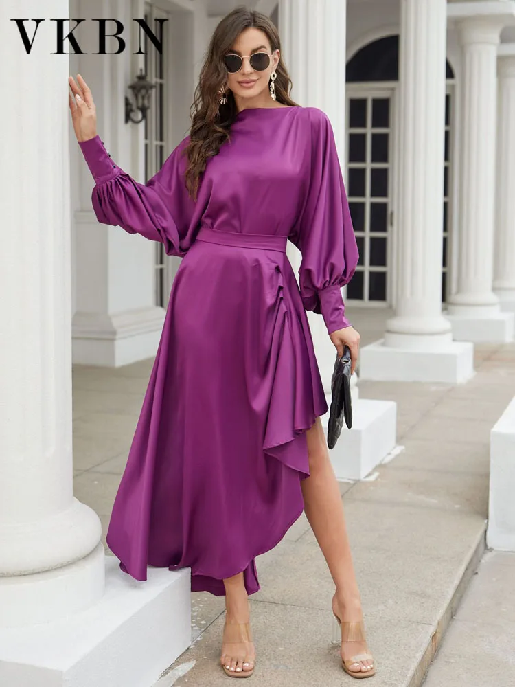 VKBN Irregular Top 2 Piece Set Women Purple Green Slash Neck Lantern Full Sleeve Elastic Waist Ruffle Skirt Set Fashion 2022