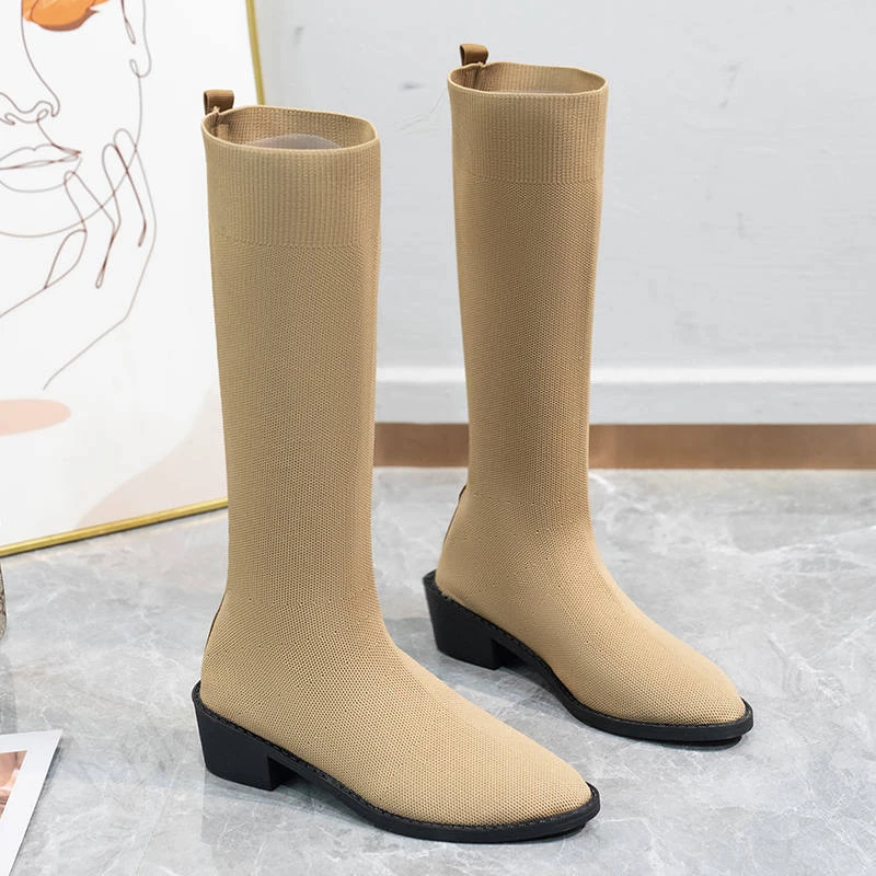 

Autumn and Winter 2023 Round Toe Thick Heel Flying Weave Large Size Boots Women's Comfortable Solid Color Fashion Boots