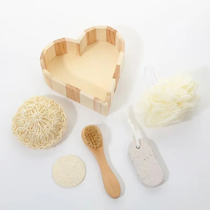 

5Pcs Heart-Shaped Scrub Bath Tools Gift Box Sisal Brush Loofah Face Brush Scrub Foot Stone Bath Flower Gloves Bath Products