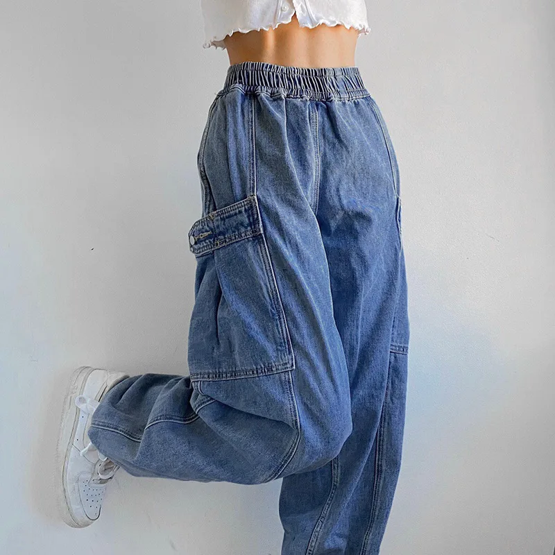

Jeans Elastic High Waist Button Pocket Denim Pants Streetwear Harem Sweatpants Women Baggy Basic Cargo Pants 5.0 1 review