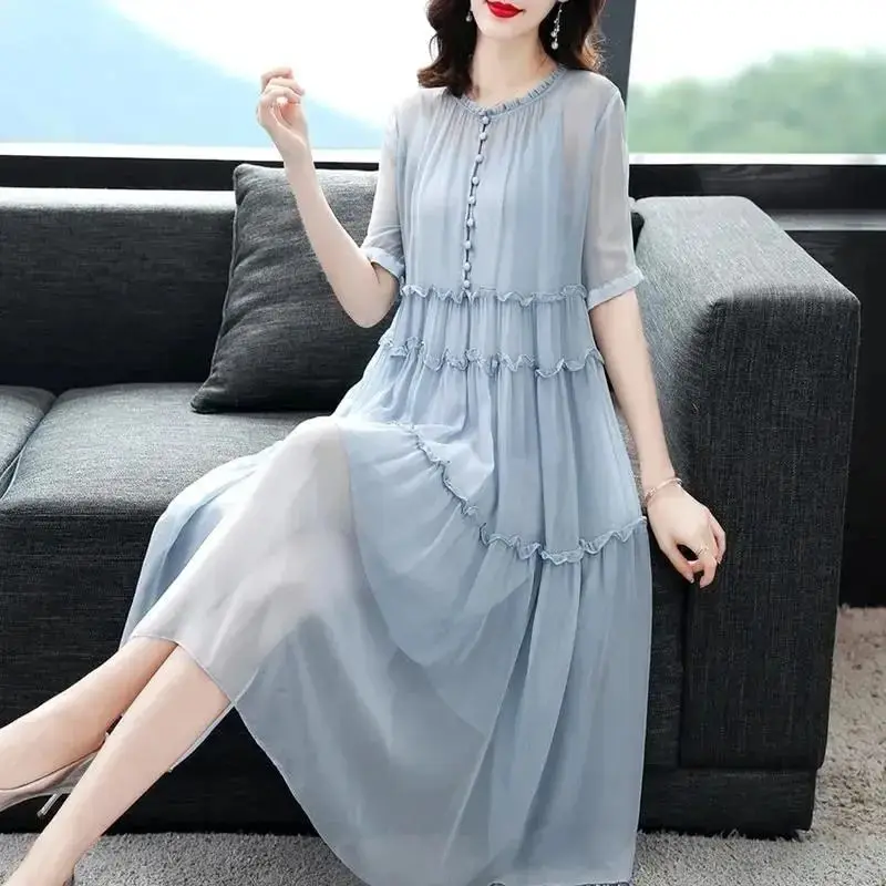 

Summer Simplicity Patchwork Pleated Solid Color O-neck Short Sleeve Midi Dress Women Clothing Fashion Buttons Chiffon Dresses