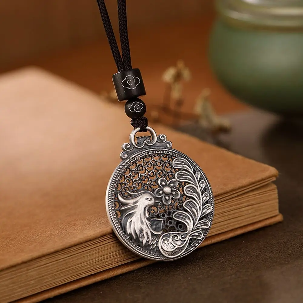 

Pure S999 Sterling Silver Men Women Hollow Flower Phoenix Round Pendant 16.5g