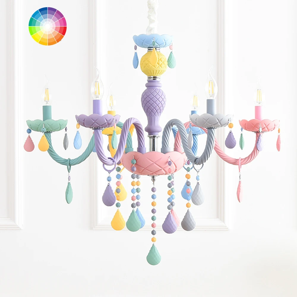 

Multicolor Crystal Chandelier for Girl Princess Kids Children Room Creative Living Room Light Macaron Rainbow Glass Fixtures