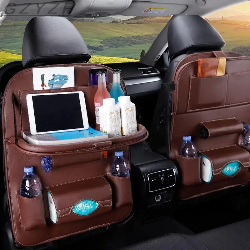 

Genuine Leather Car Back Seat Organizer Foldable with Storage Bag Table Tray Tablet Holder Tissue Box Auto Back Seat Protector