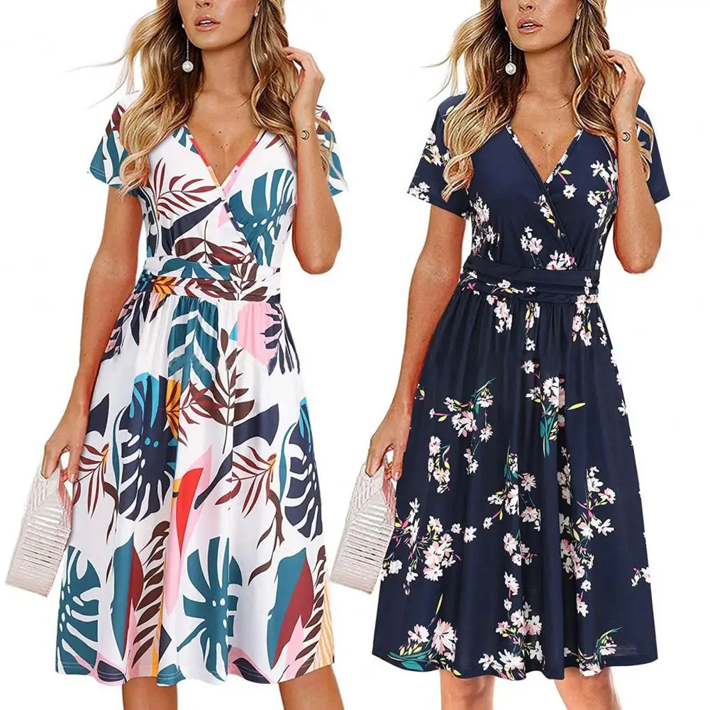 

2023 Women Floral Print Tunic Boho Party Dress Summer V Neck Short Sleeve Mini Vestidos