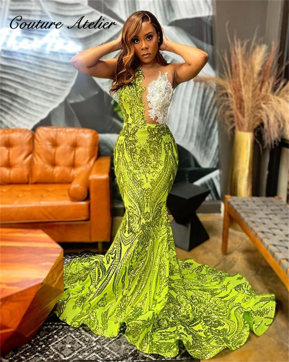 

Elegant Light Green Sequined Lace Prom Dresses 2023 For Black Girls Mermaid Birthday Dress Beaded Lace Appliques Wedding Party