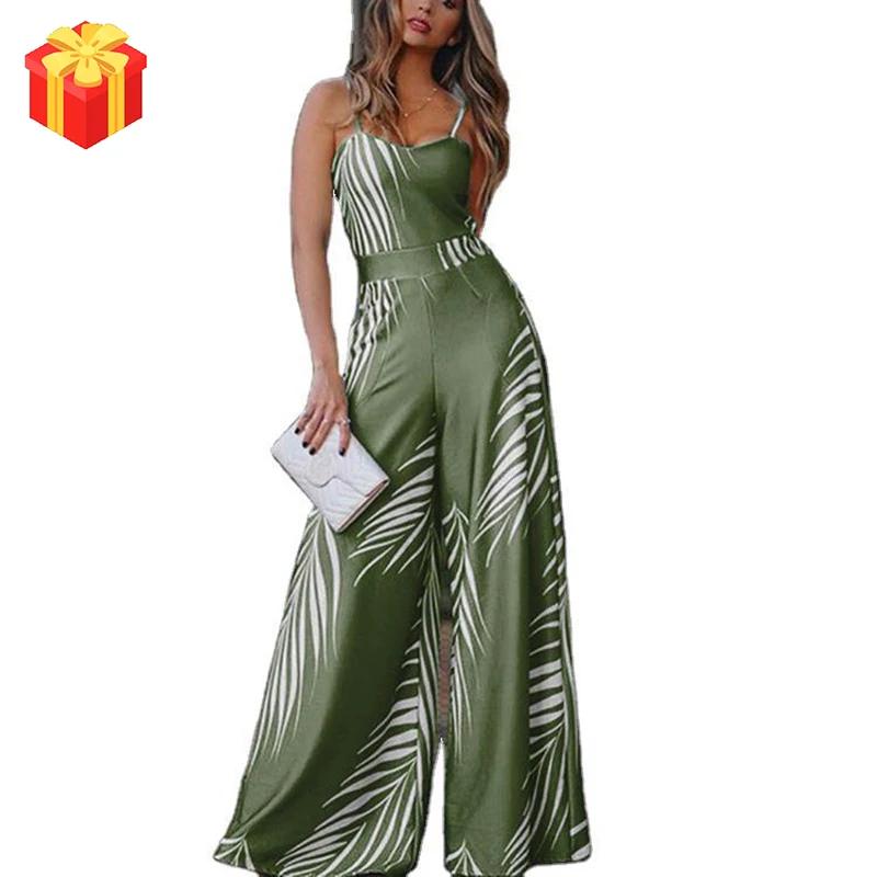 

Women Fashion Jumpsuits 2022 Sleeveless V-Neck Floral Print Wide Leg Long Pants Rompers Ladies Camisole Strap Plus Size Trousers