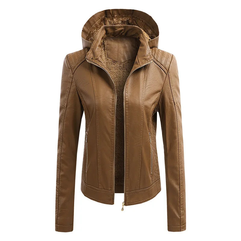 Women's Hot Style Detachable Hooded PU Ladies Leather Jacket enlarge