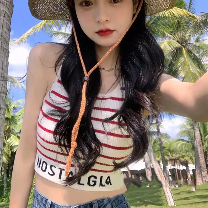 

Women Knitted Striped Cropped Tops Summer Fashion Suspender Vest Slim Fit U-shape Collar Vest