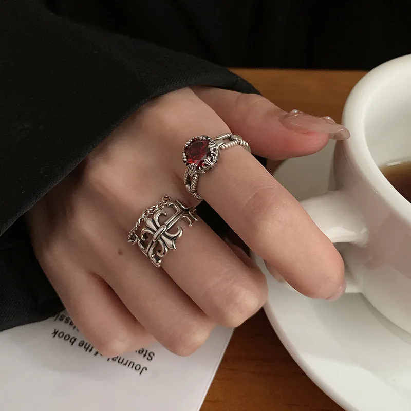 

Korean Ins Fashion Hollow Out Design Zircon Cross Opening Ring Net Celebrity Retro Index Finger Ring Temperament Hand Jewelry