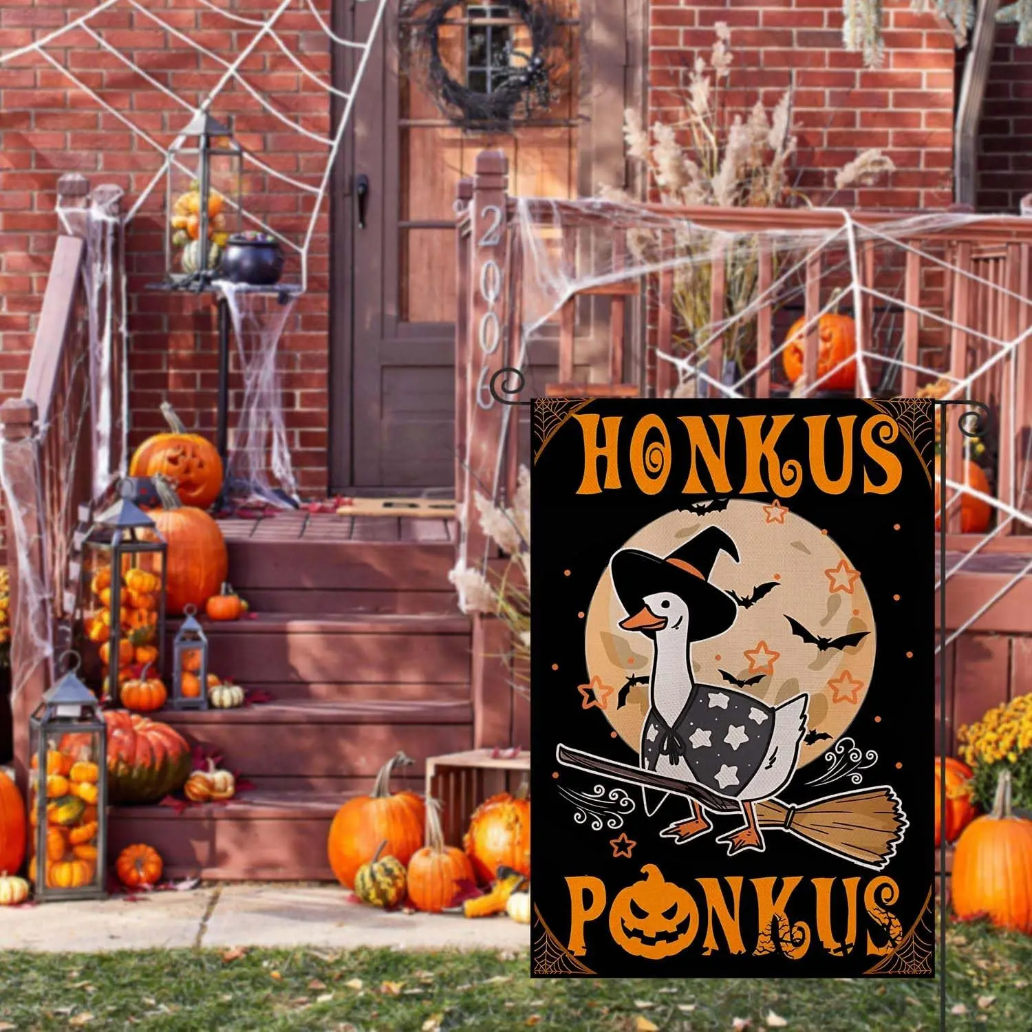 Фото Флаг на Хэллоуин Honkus Ponkus Witch Goose - 12x18 дюймов, двусторонний, забавное украшение для двора, для приветствия гостей и празднования Хэллоуина PPZ №4
