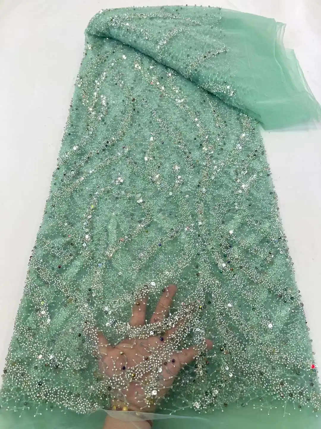 Роскошная зеленая африканская кружевная ткань из бисера тюль для невесты сетка